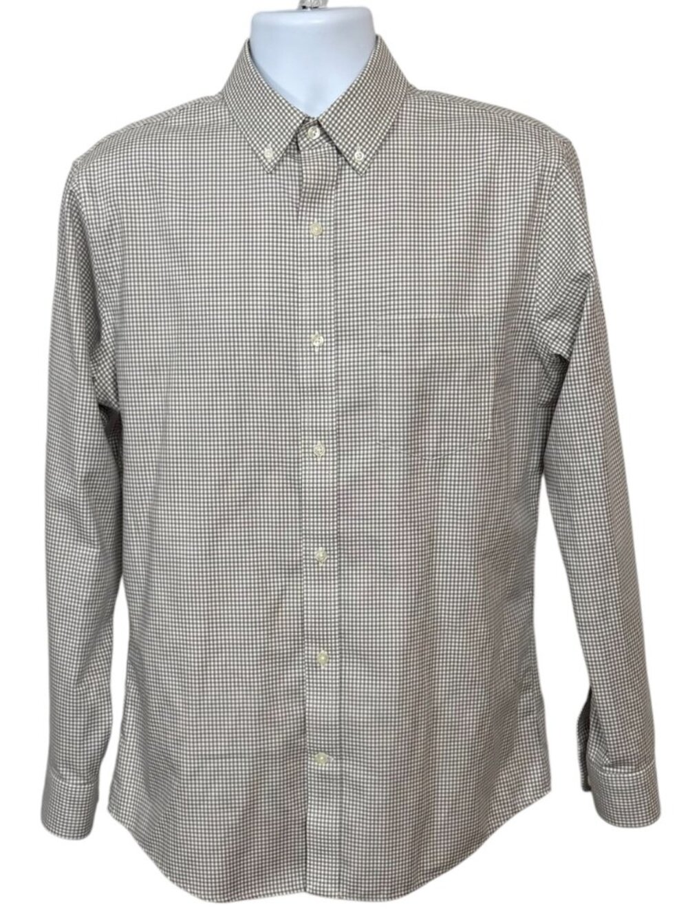 Lands' End No Iron Twill Dress Shirt Men's Medium Tan Micro Plaid